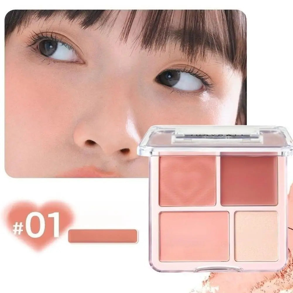 Blushimmer 4-color blush highlighter palette with matte, brightening shades for blush, contour, and highlighter application.