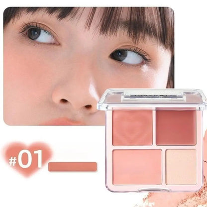 Blushimmer 4-color blush highlighter palette with matte, brightening shades for blush, contour, and highlighter application.