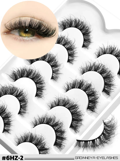 GROINNEYA 3D Mink Lashes Cat Eyelashes Fluffy Wispy Volume Lashes Natural Feathery Effect Lightweight Flexible Band Fake Lashes