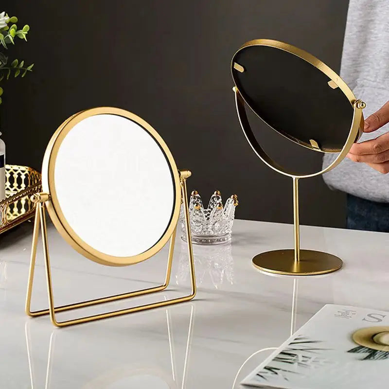 Blushimmer 360-degree rotate iron desktop mirror with textured surface, ideal for ladies' makeup and stylish home decor.
