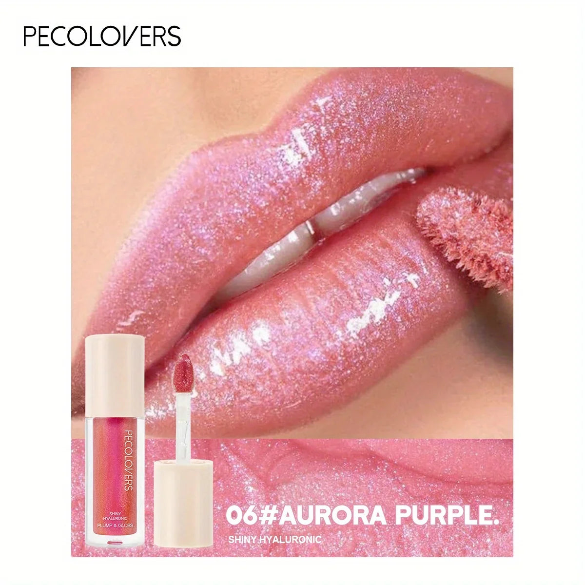 Blushimmer waterproof lip gloss with moisturizing glitter liquid lipstick in coral, pink, and skin tones, showing a shiny, long-lasting finish.