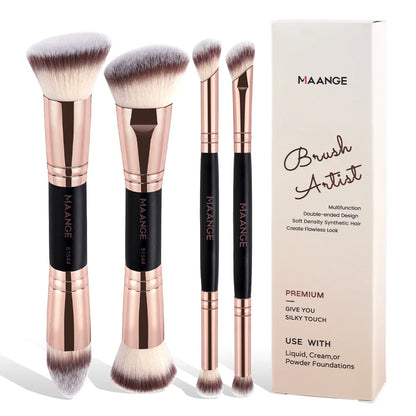 Set of four Blushimmer basic makeup brushes with dual-ended foundation, powder, blush, and eyeshadow tools in a box.