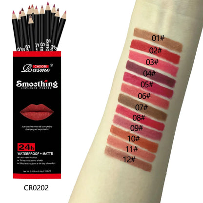 Set of 12 Blushimmer lip liner pens in various colors, professional matte nude lip pencils with non-stick cups, displayed in a row.