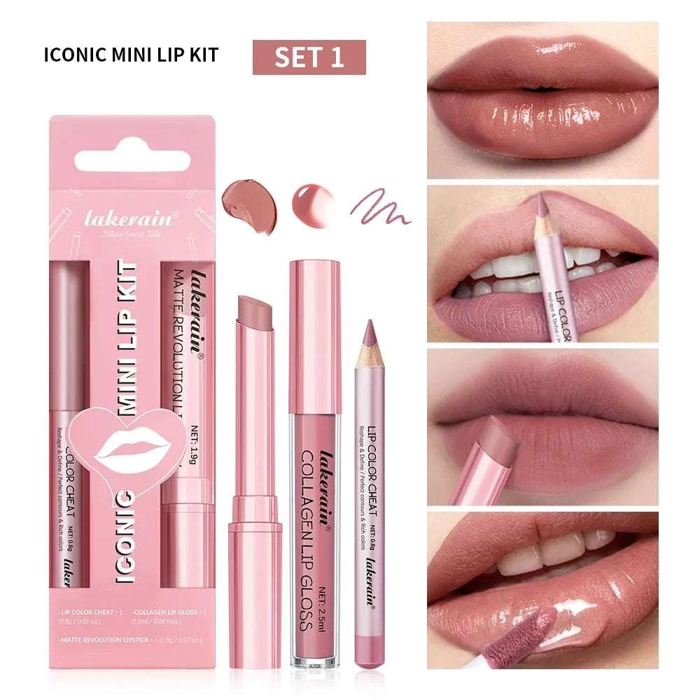 Blushimmer 3-piece lip makeup set with waterproof lipliner, lipstick, and lip gloss in matte finish, travel-size cosmetics for women