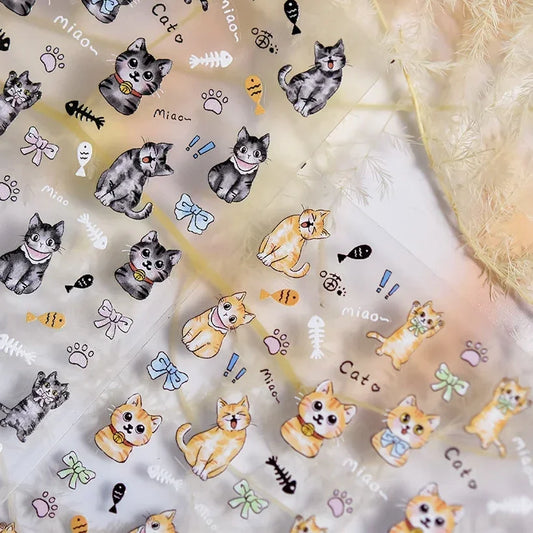 Cute leopard cat and ginger kitten nail art stickers with paw and fishbone designs by Blushimmer for manicure decoration.