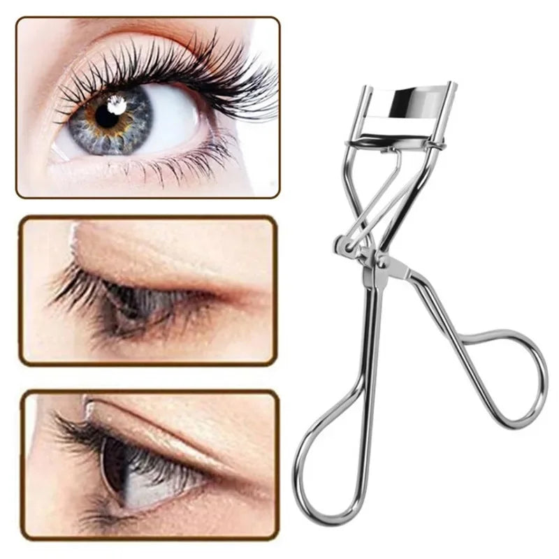 Silver black eyelash curler with stainless steel tweezers and curling clip, ideal for precise eyelash curling and cosmetic beauty use.