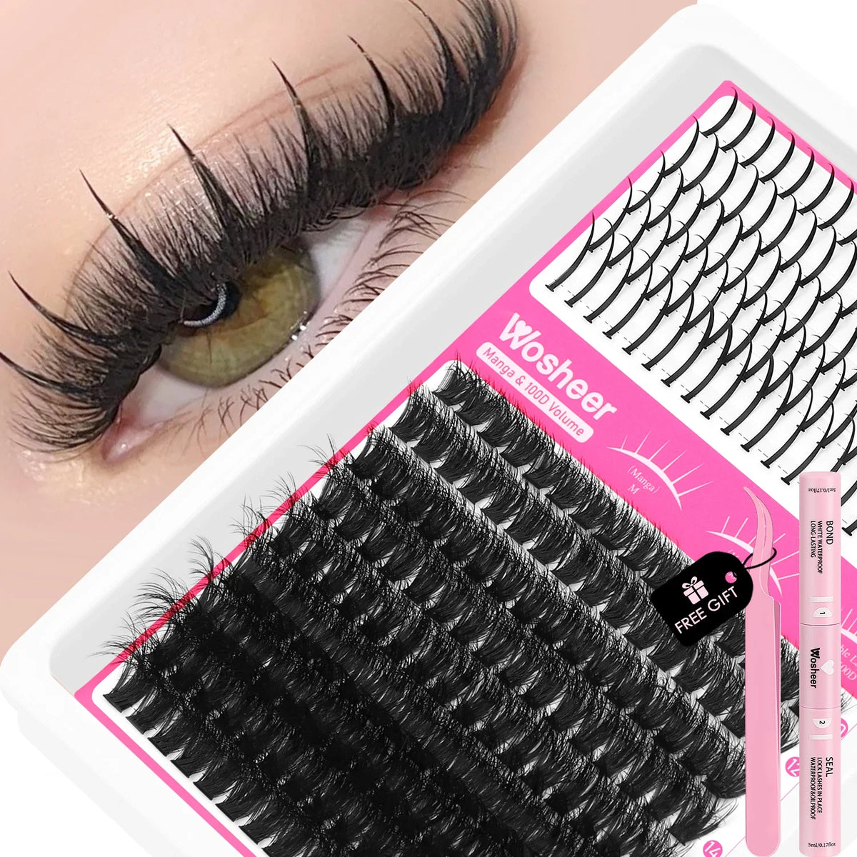 Blushimmer WOSHEER Lash Clusters Kit with spiky eyelash extension clusters and individual volume lashes for DIY lash styling.