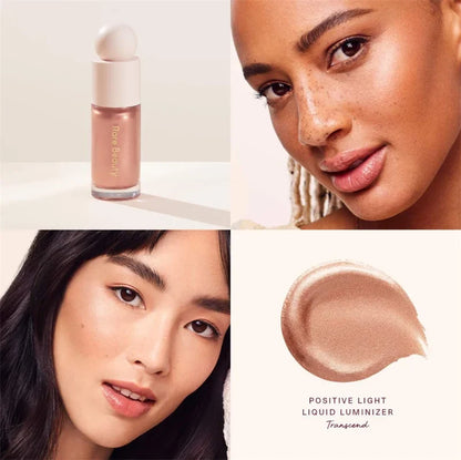 Blushimmer Rare Beauty positive light liquid contour, luminizer, blush, and face shimmer for highlighting and contouring makeup.