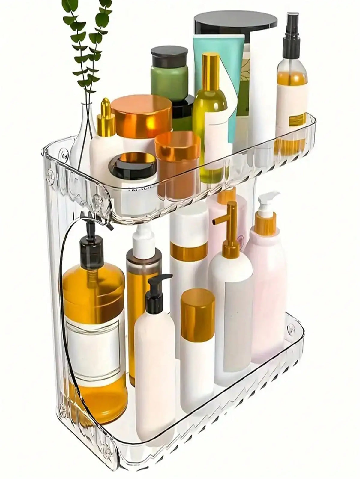 Blushimmer 2-tier transparent plastic desktop cosmetic storage box with shelves and four wheels for easy organization and space-saving use