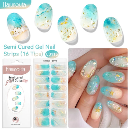 Blushimmer Harunouta 16-strip gradient red marble gel nail strips with gold lines, suitable for DIY gel polish application on nails.
