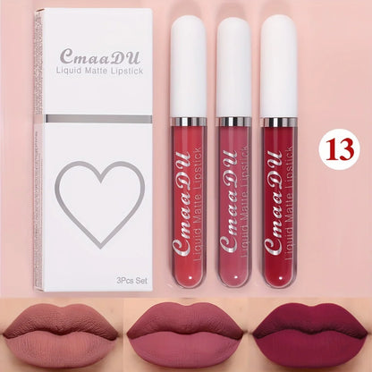 Blushimmer 3-piece matte lipstick and lip gloss set with long-lasting, waterproof, non-fading formulas, ideal for everyday or holiday wear.