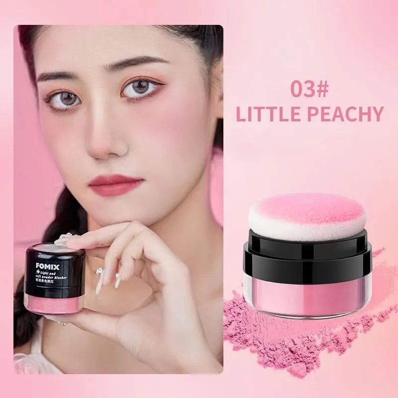 Blushimmer FOMIX loose powder air cushion blush with high pigment, soft matte finish, natural cheek color, and long-lasting wear.