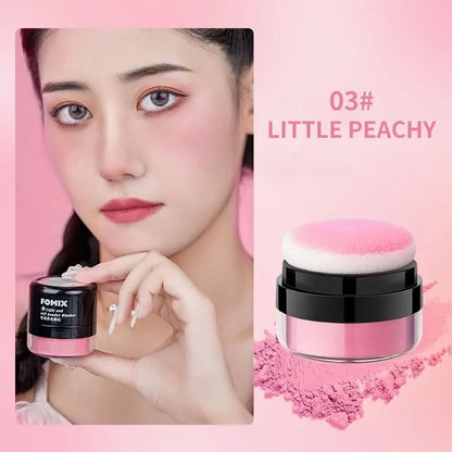 Blushimmer FOMIX loose powder air cushion blush with high pigment, soft matte finish, natural cheek color, and long-lasting wear.