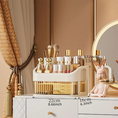 Blushimmer multi-layer makeup storage box with compartments for skincare, eyeshadow, lipstick, and lotions, on a dresser or bathroom countertop.