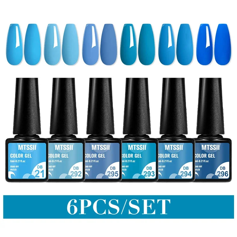 Blushimmer MTSSII 6-piece set of sparkly red gel nail polishes with shiny finish for LED and UV nail art and manicure.