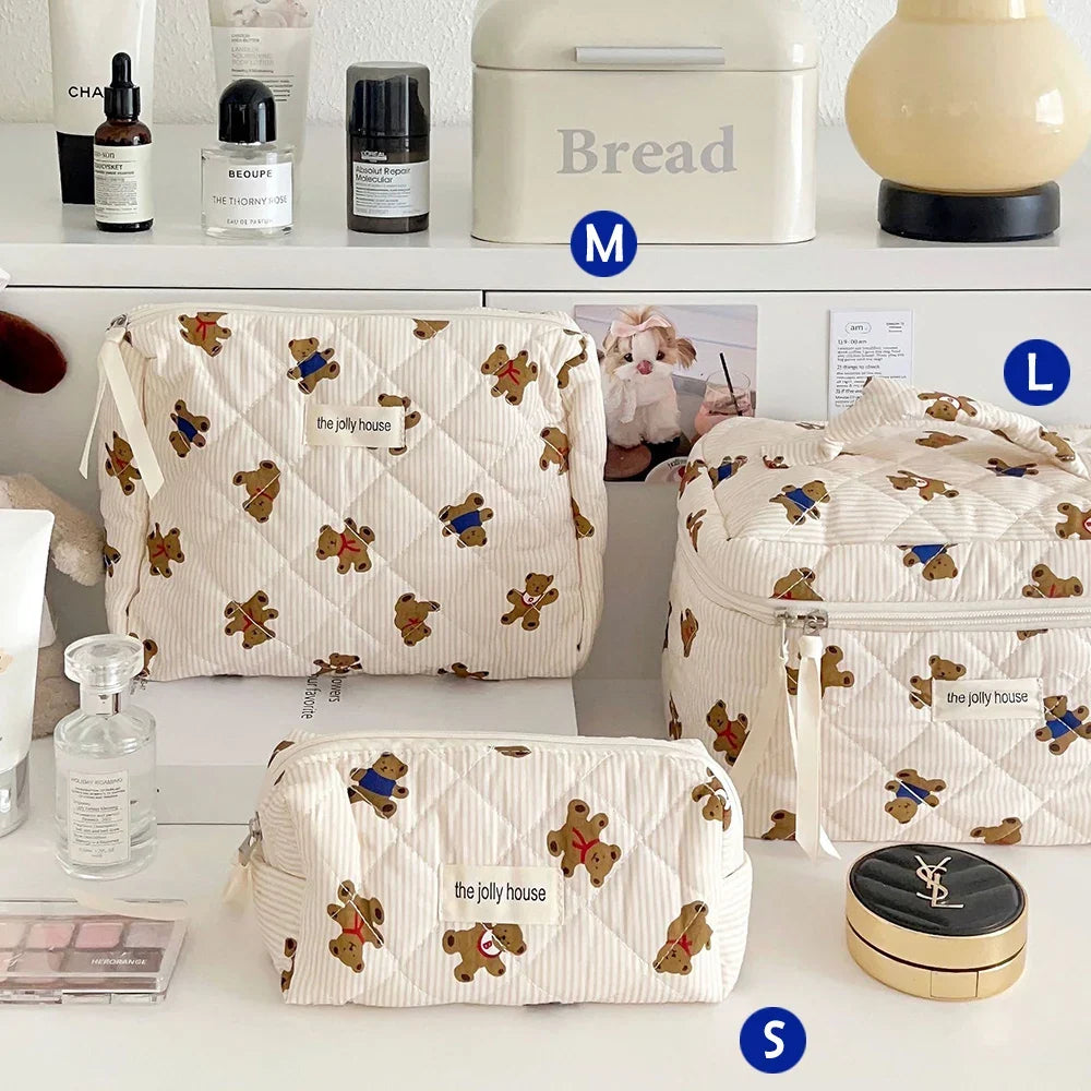 Cute quilted cotton makeup bag by Blushimmer, portable zipper cosmetic organizer with box shape for women and girls.