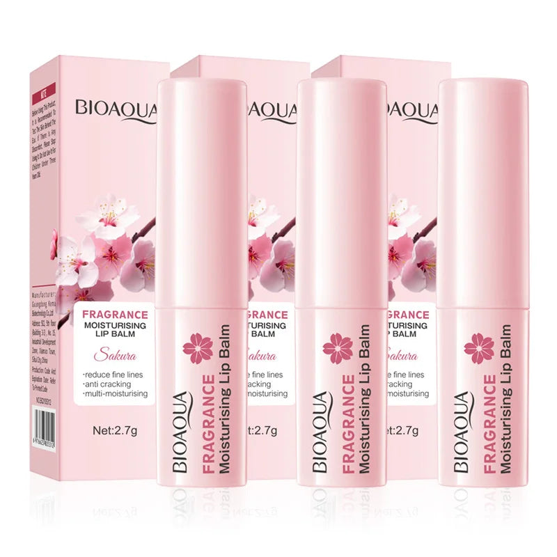 Blushimmer BIOAQUA Sakura Cherry Blossom Lipstick and Lip Balm set, moisturizing and brightening for smooth, hydrated lips.