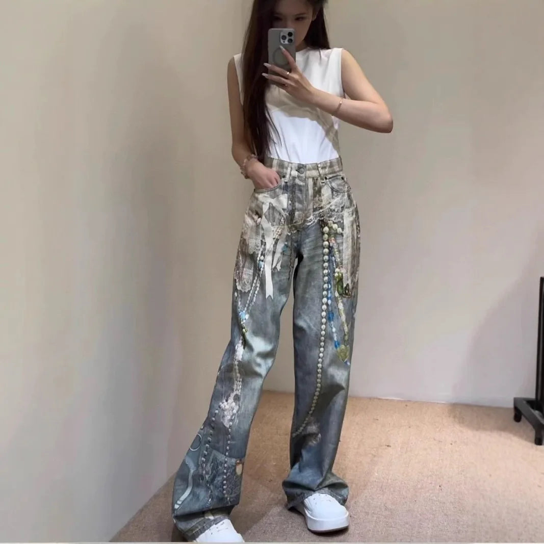 Fashionable Niche 3D Printed Lace Pearl Print Chain Straight Long Pants for Women, Fashion Denim Trousers, Street Jeans Ladies