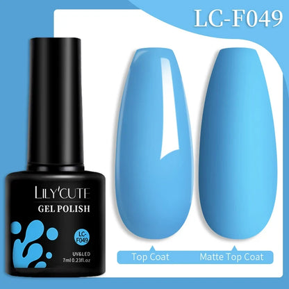 Colorful LilYCUTE 7ML gel nail polish bottles in various shades with semi-permanent UV gel for long-lasting manicures and nail art.