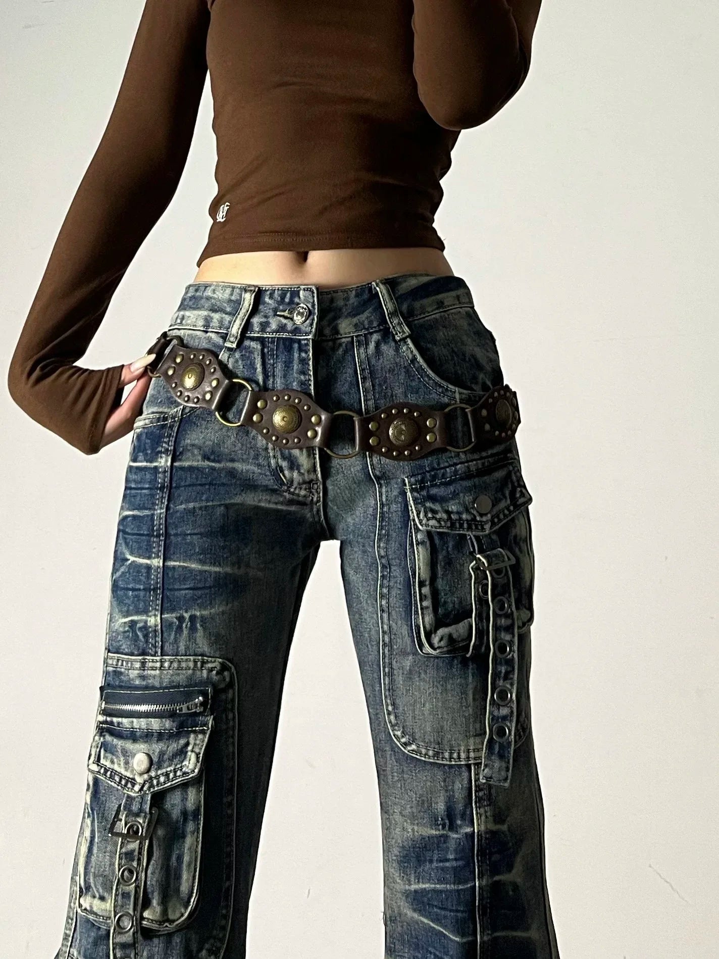 American Vintage Street Style Y2K Jeans Women's High-street Multi-pocket Cargo Flared Floor-grazing Jeans Casual Punk Long Pants