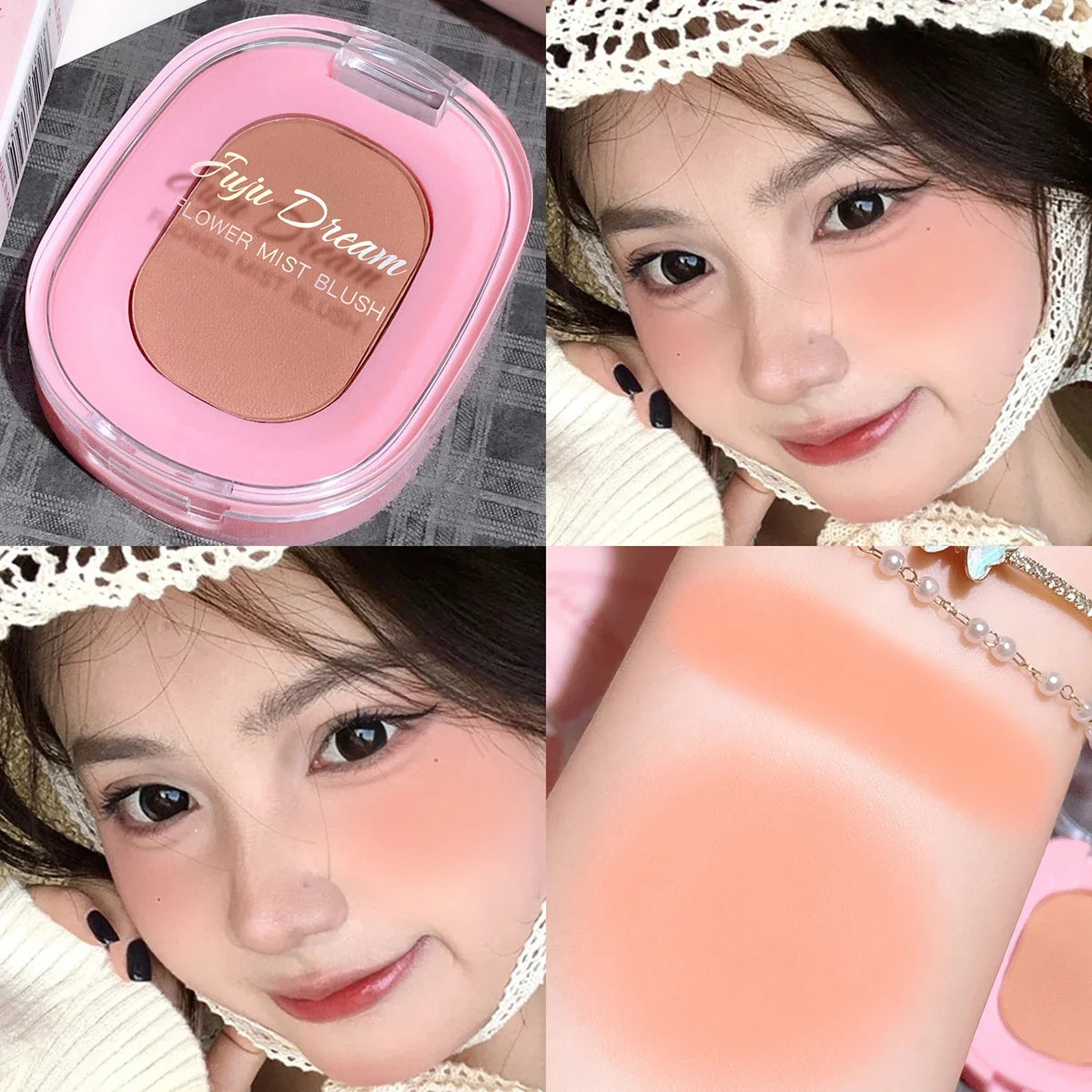 Blushimmer monochrome flower mist blush powder with matte finish, natural nude pink shade, brightening and smoothing facial makeup.