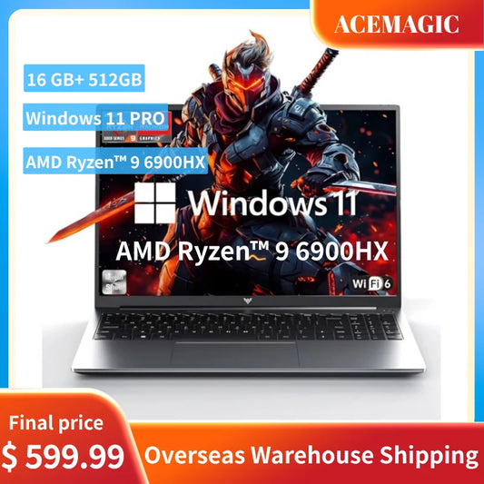 ACEMAGIC AMD Ryzen 9 6900HX gaming laptop with 16-inch FHD display, 16GB RAM, 512GB SSD, backlit keyboard, Windows 11 Pro