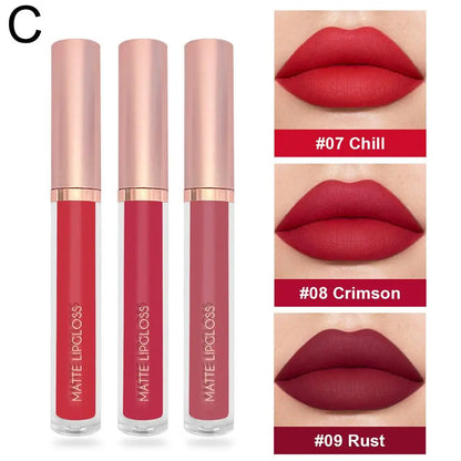 Set of three nude matte velvet liquid lipsticks by Blushimmer, waterproof, long-lasting, non-stick, and moisturizing for women.