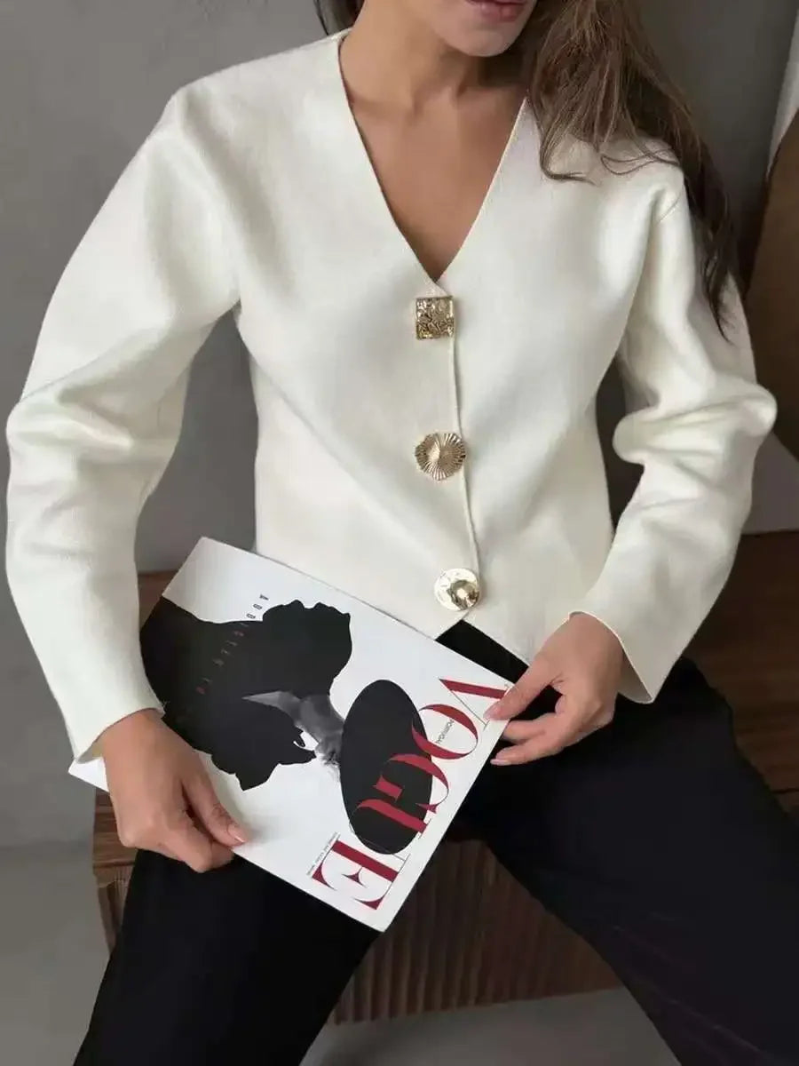 Fashion Simple Commuting Button V-neck Short Knitted Cardigan 2025 New Autumn and Winter Women's Solid Long-sleeved Sweater