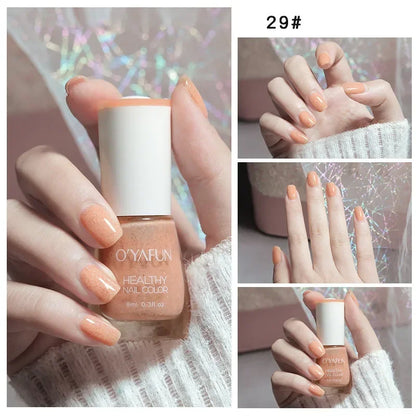 Blushimmer no-bake nail polish with glitter sequins and quick-dry formula, shown on natural nails with nail art tools.