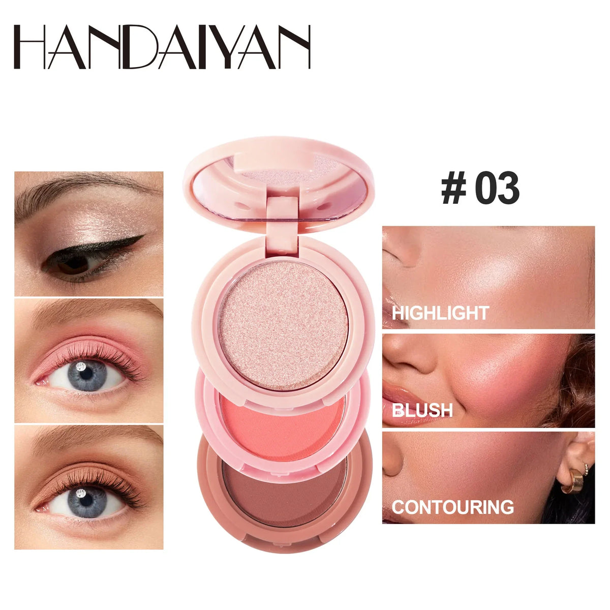Blushimmer 3-in-1 matte highlighter, contour, blush palette with shiny face powders for professional makeup application.