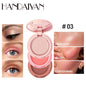 Blushimmer 3-in-1 matte highlighter, contour, blush palette with shiny face powders for professional makeup application.