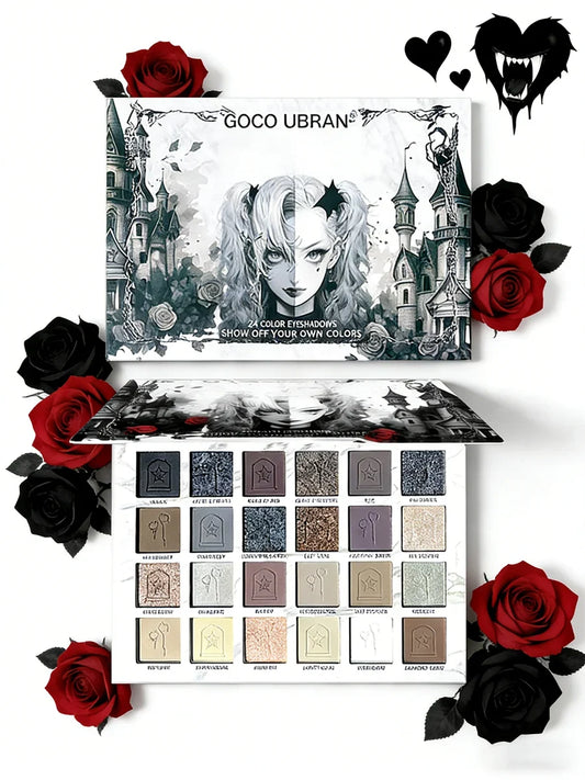 Blushimmer 24-color dark elf eyeshadow palette with shimmer and glitter shades, gothic vampire style makeup set.