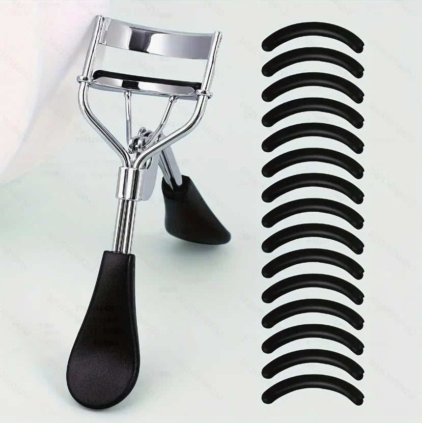 Blushimmer portable eyelash curler with stainless steel body and 15 silicone pads, used for eyelash extension and curling.