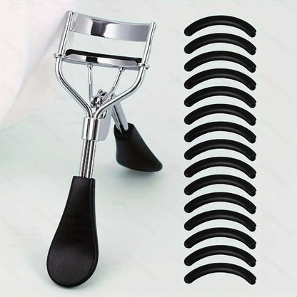 Blushimmer portable eyelash curler with stainless steel body and 15 silicone pads, used for eyelash extension and curling.