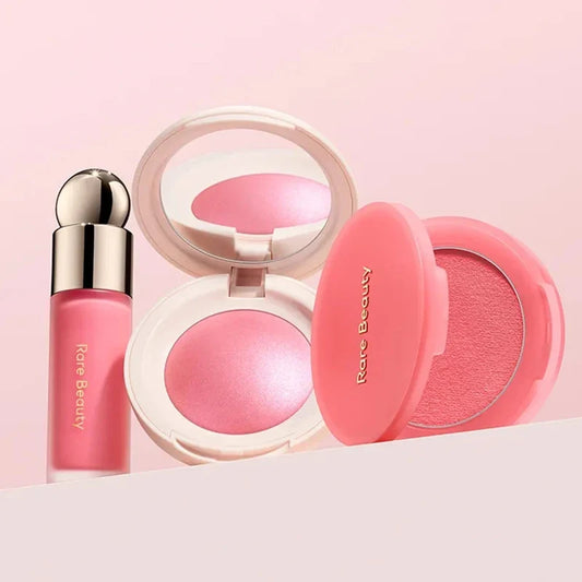 Blushimmer Rare Beauty liquid and powder blush set with fine texture, easy to blend and apply for a natural rosy glow.