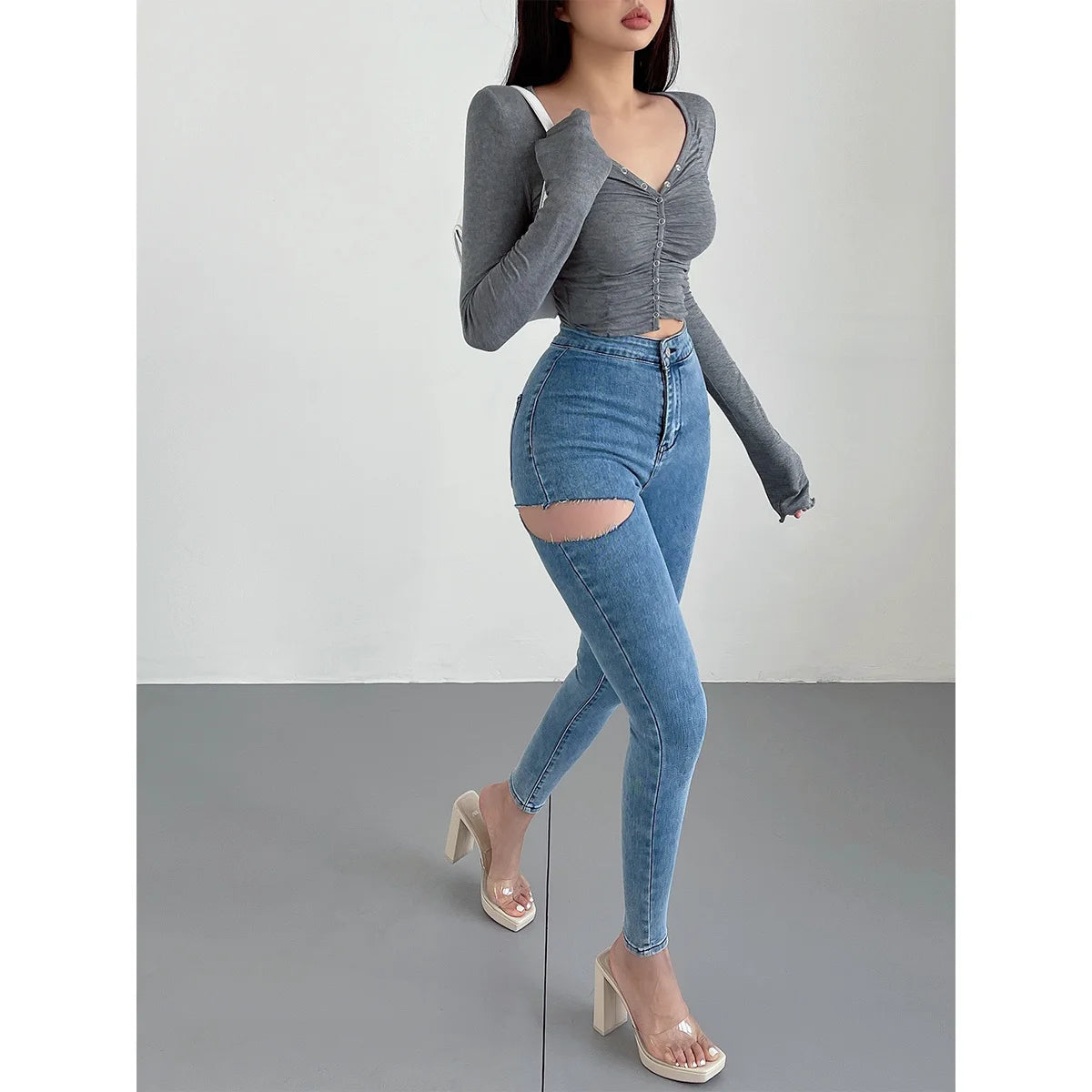 WOMENGAGA American Spicy Girls Sexy Hole Jeans Slim High Waist Elastic Feet Pencil Pants Trousers Fashion Women BOF8