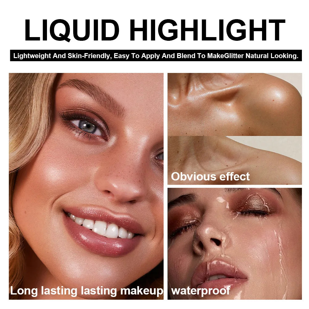 Blushimmer liquid face highlighter and bronzer in three colors, featuring a shimmering contouring and illuminating makeup fluid.