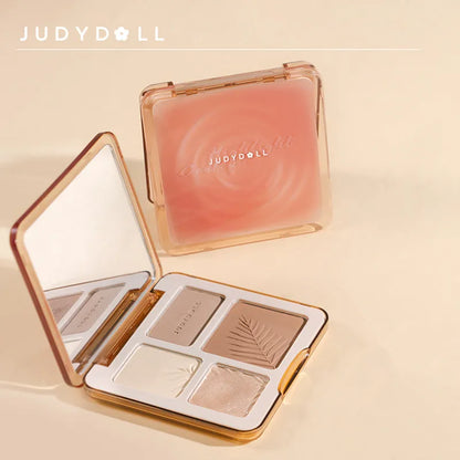 Blushimmer Judydoll facial highlighter makeup palette with matte, shimmer powders for contour, glow, and nose highlighting.