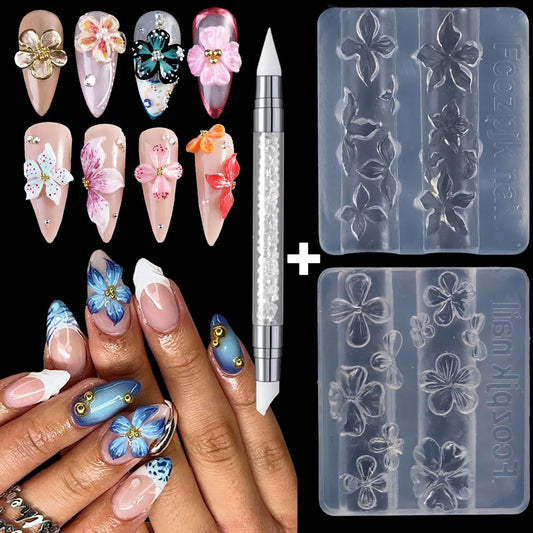 Silicone nail carving mold with relief lily and hibiscus flower petals for 3D nail art and epoxy resin modeling by Blushimmer