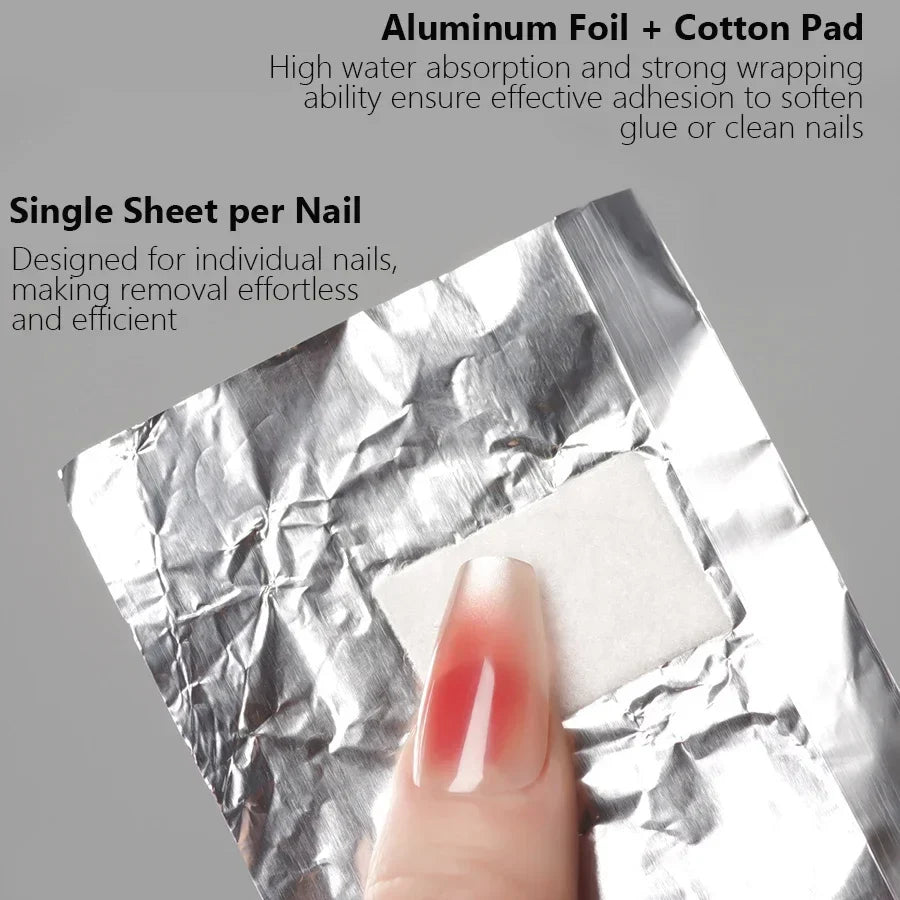 Blushimmer 100-pack aluminium foil nail art wraps for soak-off gel removal, shown with manicure tools and gel remover towels