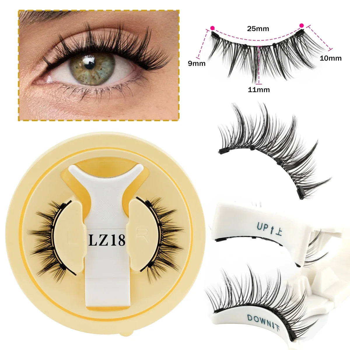 Blushimmer 3D mink magnetic false eyelashes set with reusable natural long lashes and application tweezers on a white background.