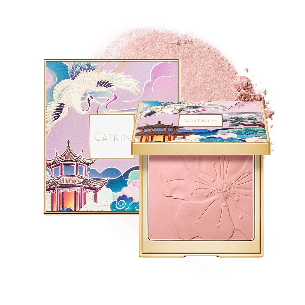 Blushimmer Catkin Eternal Love 10g Rosy Cranes baked blush powder with natural red hue and silky smooth texture, Chinese style makeup.