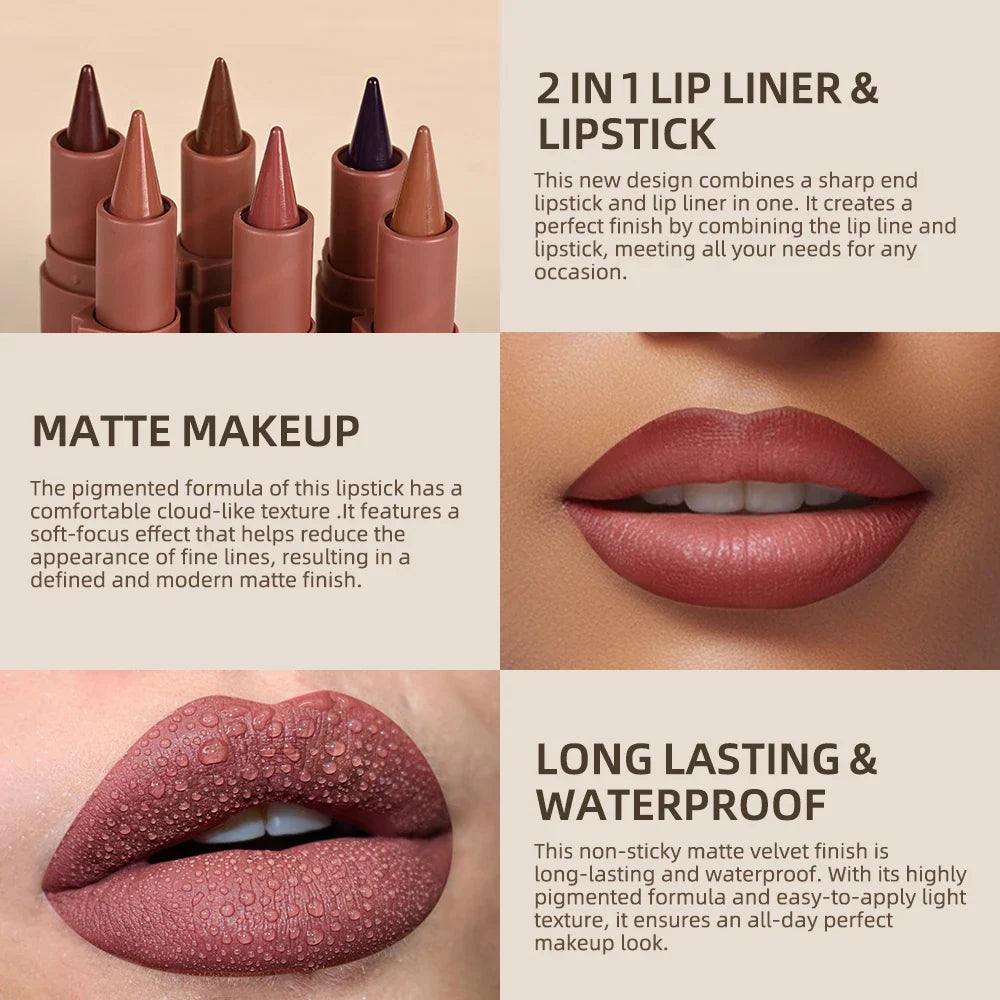 Blushimmer Lakerain matte black brown lipstick and lip liner crayon with waterproof, non-sticky, contouring lip makeup in a sleek design.