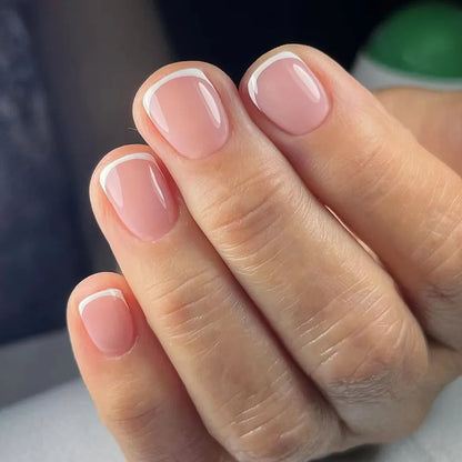 Set of 24 pink and white gradient square fake nail tips with French press design by Blushimmer, featuring short full cover false nails.