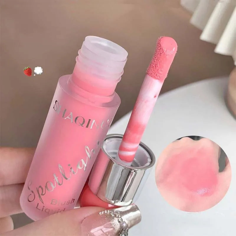 Blushimmer liquid blush makeup in nude pink shade, water-light jelly texture with cool and warm tones for natural face highlighting.