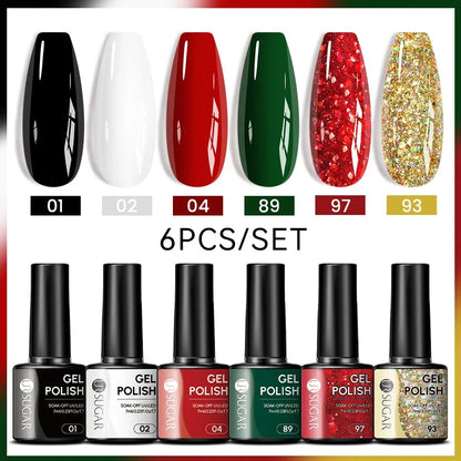 Blushimmer UR SUGAR 7ml gel nail polish set with nude pink, red, and glitter shades for semi-permanent UV manicures, soak-off vernis