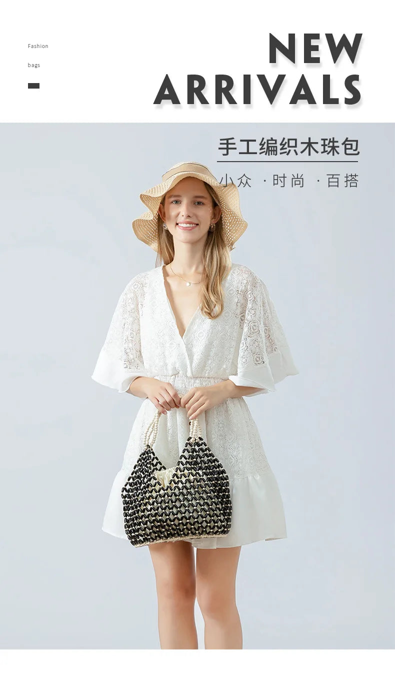 Simple Casual Handwoven Wooden Bead Handbag New Retro Versatile Summer Vacation Handheld Women's Shoulder Bags Water Bucket Bag