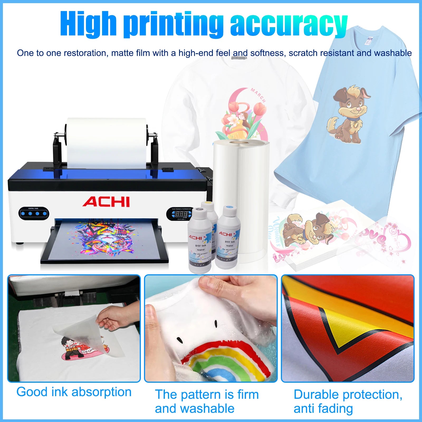 ACHI A3 R1390 Dtf Printer Bundle With Roll Feeder Oven T-Shirt Transfers DTF Printer Kit For T-shirt Textile Printing Machine
