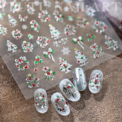 Silver snowflake Christmas nail stickers by Blushimmer, self-adhesive metal decals for winter manicure and holiday nail art.