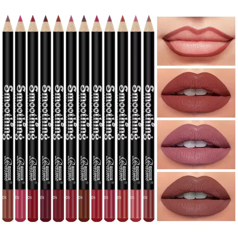Blushimmer 12-color lip liner pen set with black rod, non-stick cup, easy to color, professional makeup lipstick pencils.